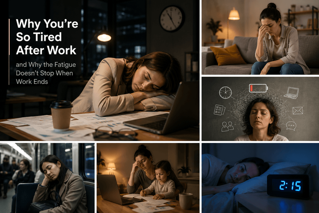 Woman at a desk under a wall clock, late evening